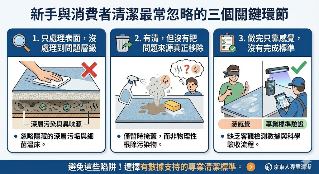 床墊只清潔表面，沒處理到問題層級，沙發有清，但沒有把問題來源真正移除，清潔做完只靠感覺，沒有完成標準