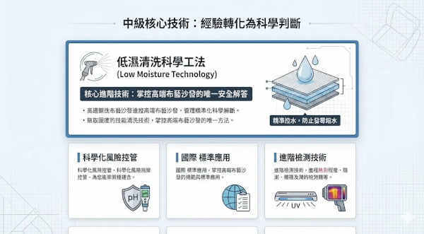 參考 國際標準理念，低濕清潔抽吸工法，以最低水量達成清潔目標，更快速乾燥，水量可控不過濕損壞布料，讓水停留在布料表層清潔，不容易黃變，水量過高照成床墊沙發內部發霉，返潮，異味，損壞，黃變。
